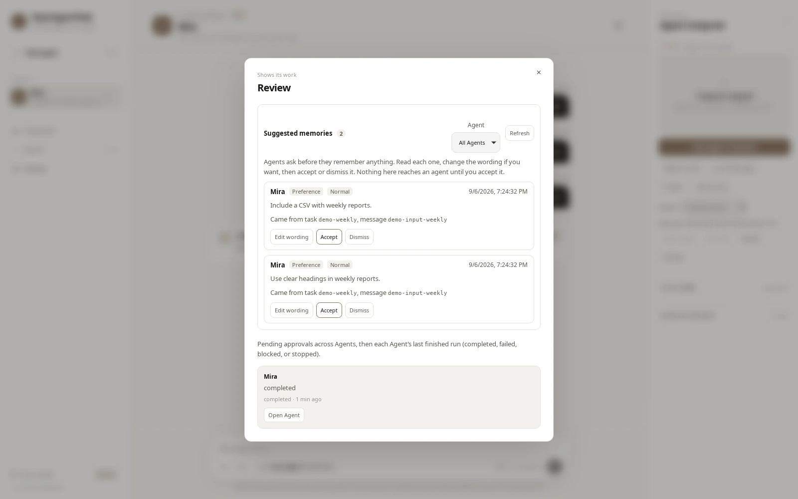 Preview build: the review dialog with a memory an agent proposed, waiting to be edited, accepted or rejected.