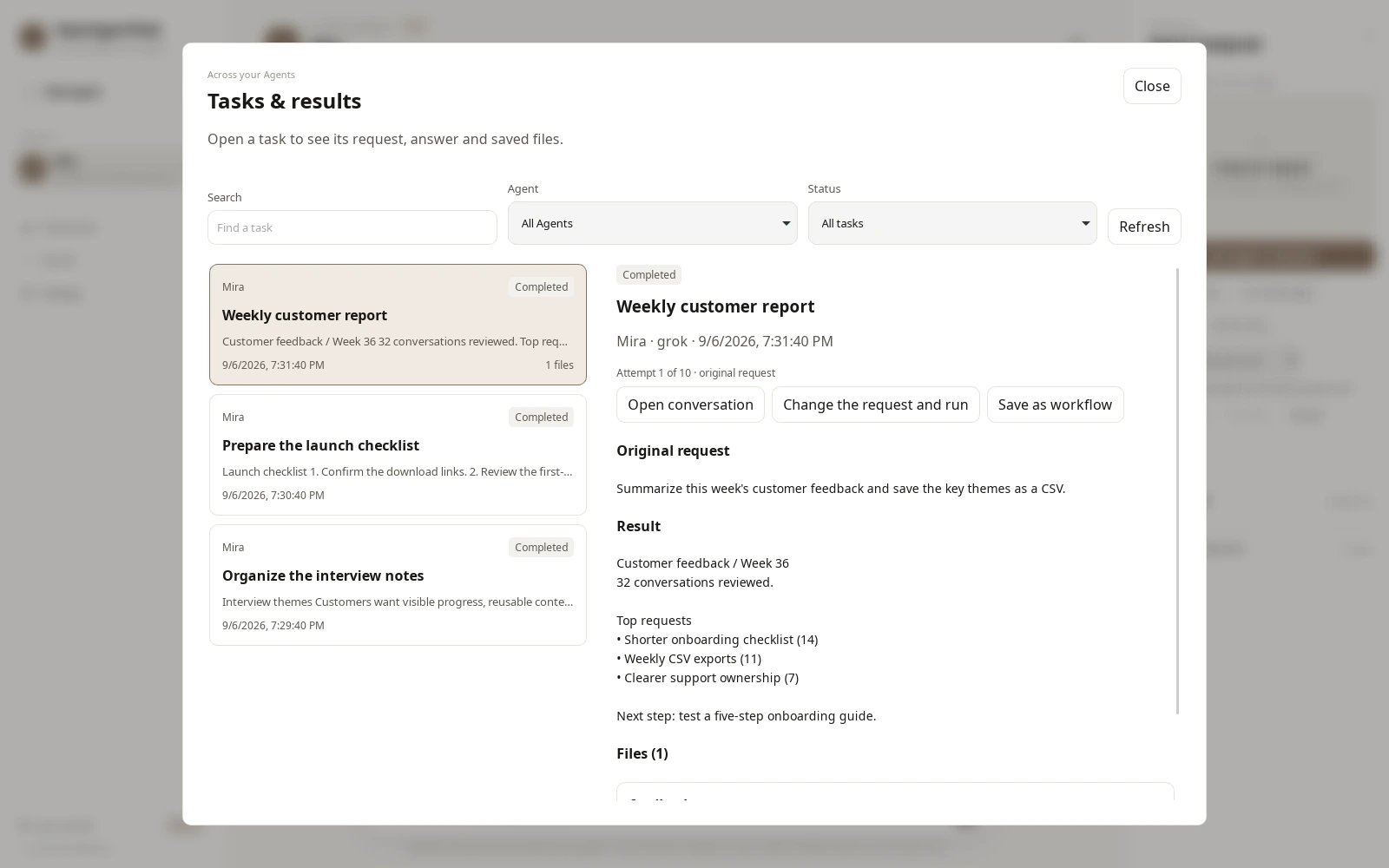 Preview build: the tasks list with a completed run and its saved answer.