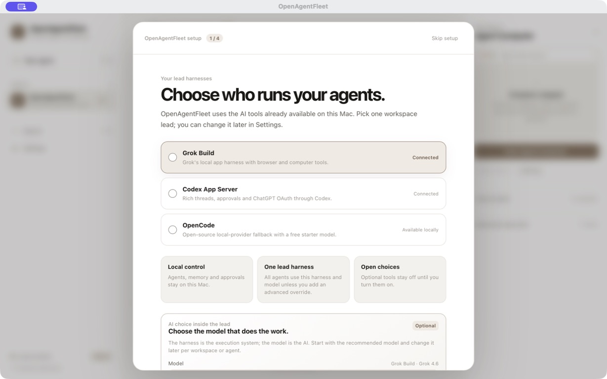 Setup step 1 of 4, Choose who runs your agents: a picker offering Grok Build, Codex App Server and OpenCode as the workspace lead, with notes on local control and open choices.