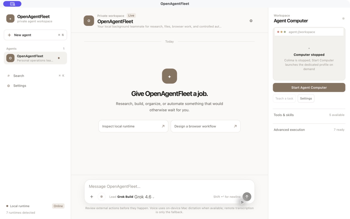 The OpenAgentFleet workspace on macOS: an agent list on the left, a chat inviting you to give OpenAgentFleet a job, and an Agent Computer panel on the right with a Start Agent Computer button. The composer shows Grok Build with Grok 4.6 as the lead.