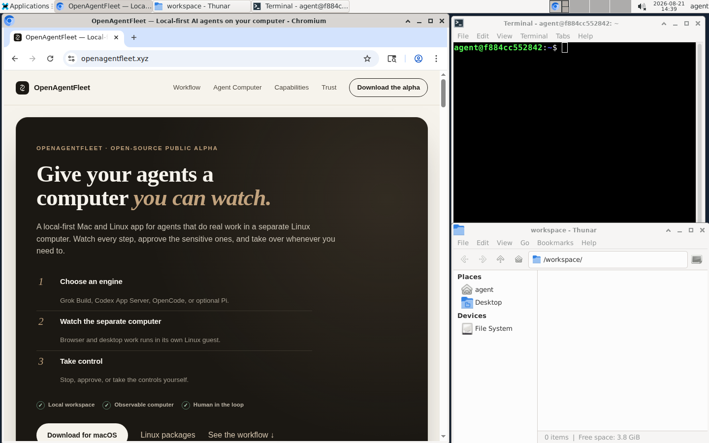 OpenAgentFleet Agent Computer view with a live Linux desktop and Chromium, Terminal and Files available for the agent or human takeover.